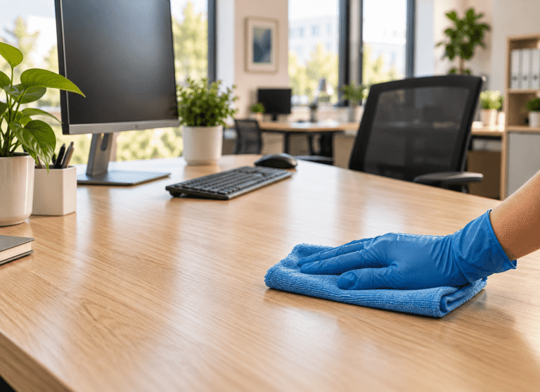 Shot of a cleaner wiping an office desk